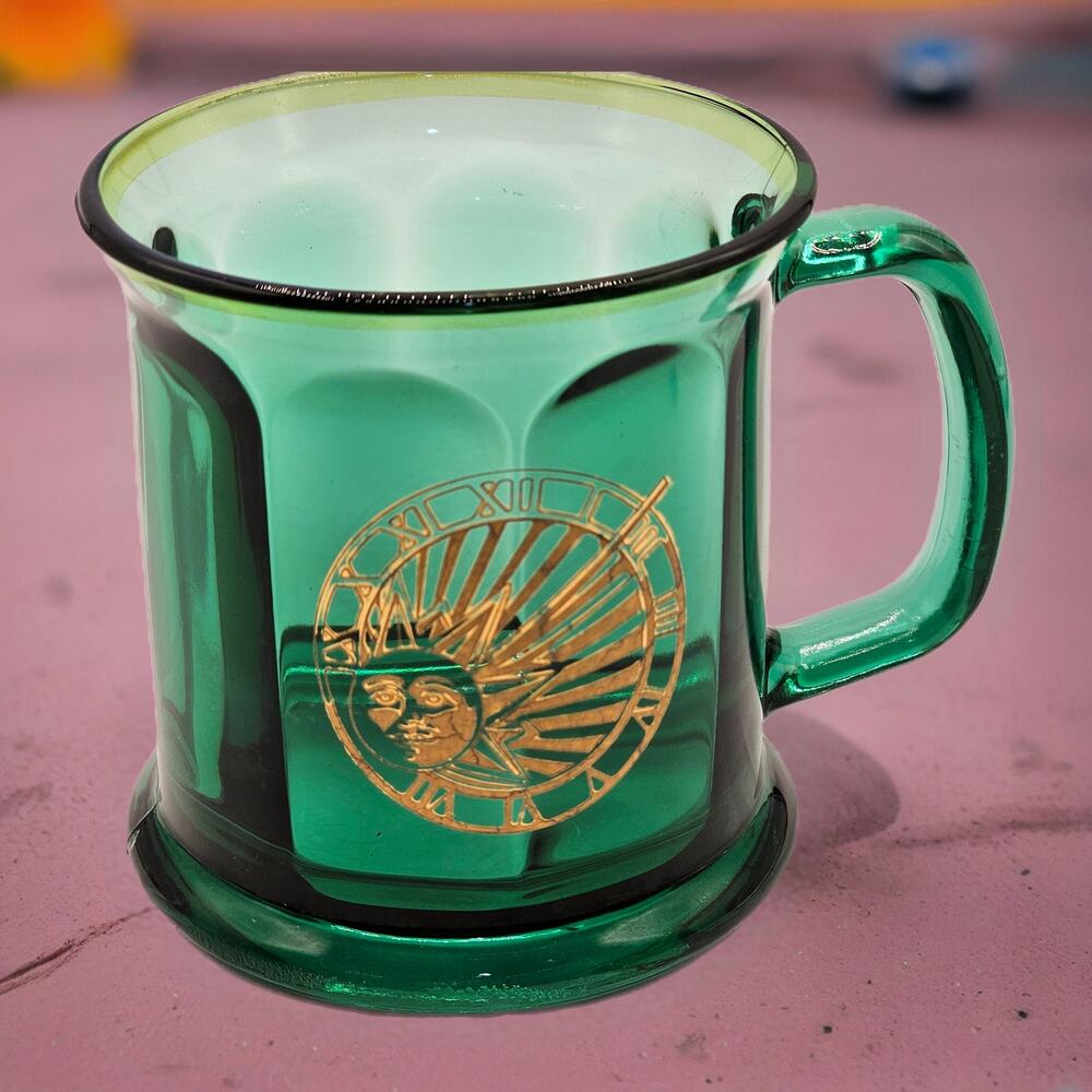 Vintage Green Glass Mug Sun Motif Astrology Celestial Boho Kitchen Decor